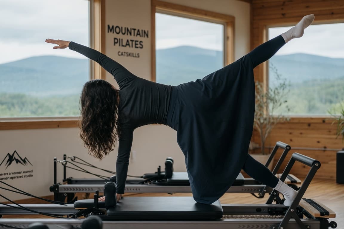 A woman moving through a side plank on the reformer at Mountain Pilates, the Catskills through the windows